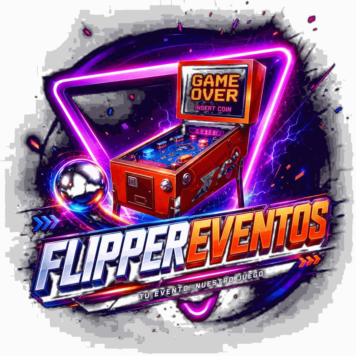 Máquina de pinball FlipperEventos con logotipo integrado, enmarcada en un triángulo neón fucsia y morado